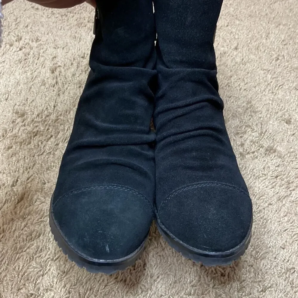 White Mountain Women Black Suede Leather Zip Up Ruching Style Bootie Size 8.5